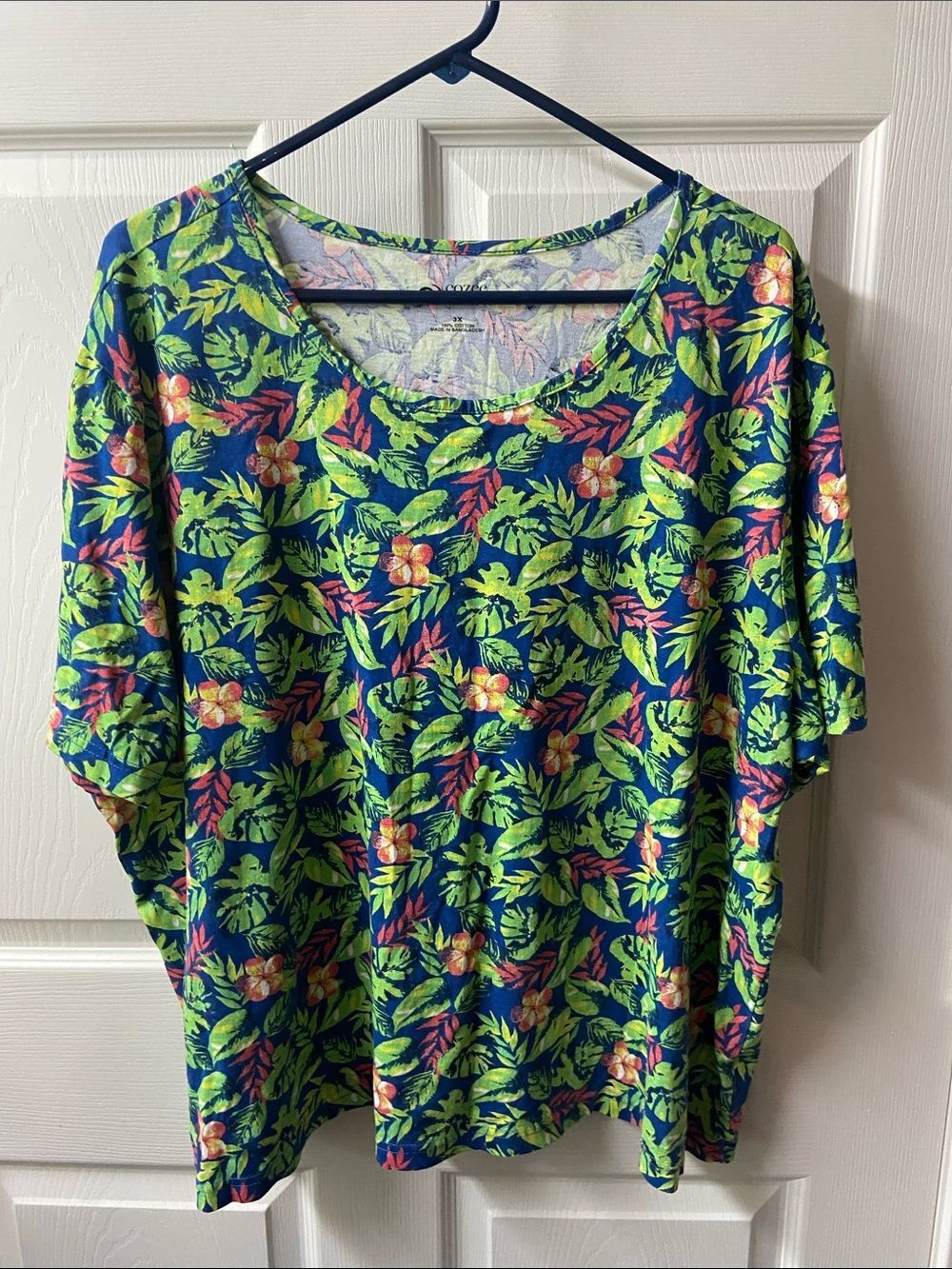 Women’s Tropical Leaf Print Short Sleeve Tee - Green & Blue 3X